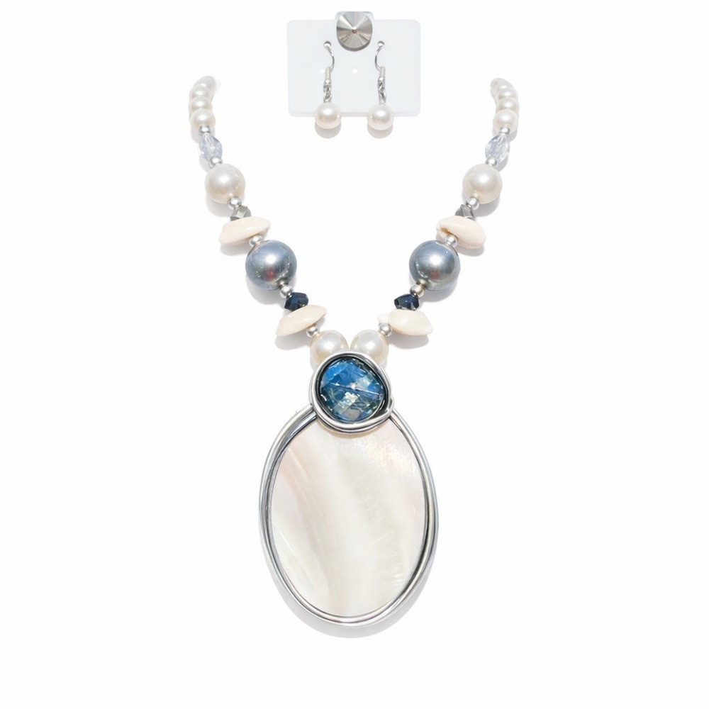 Blue Glass & Shell Statement Necklace Set | White Silver Beaded Fashion Jewelry